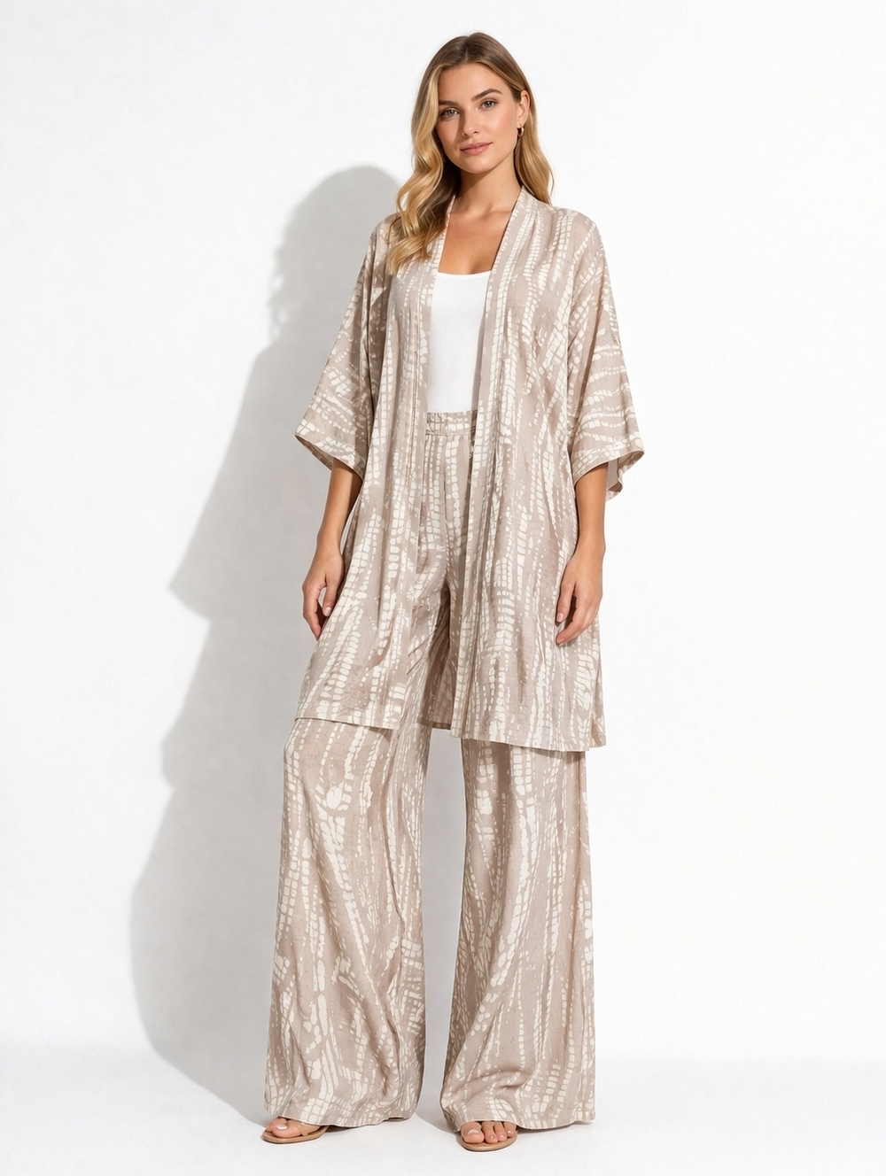 Nwt Ayriss Chic Neutral Printed Kimono Set Loungewear Longline Cruise Resort S